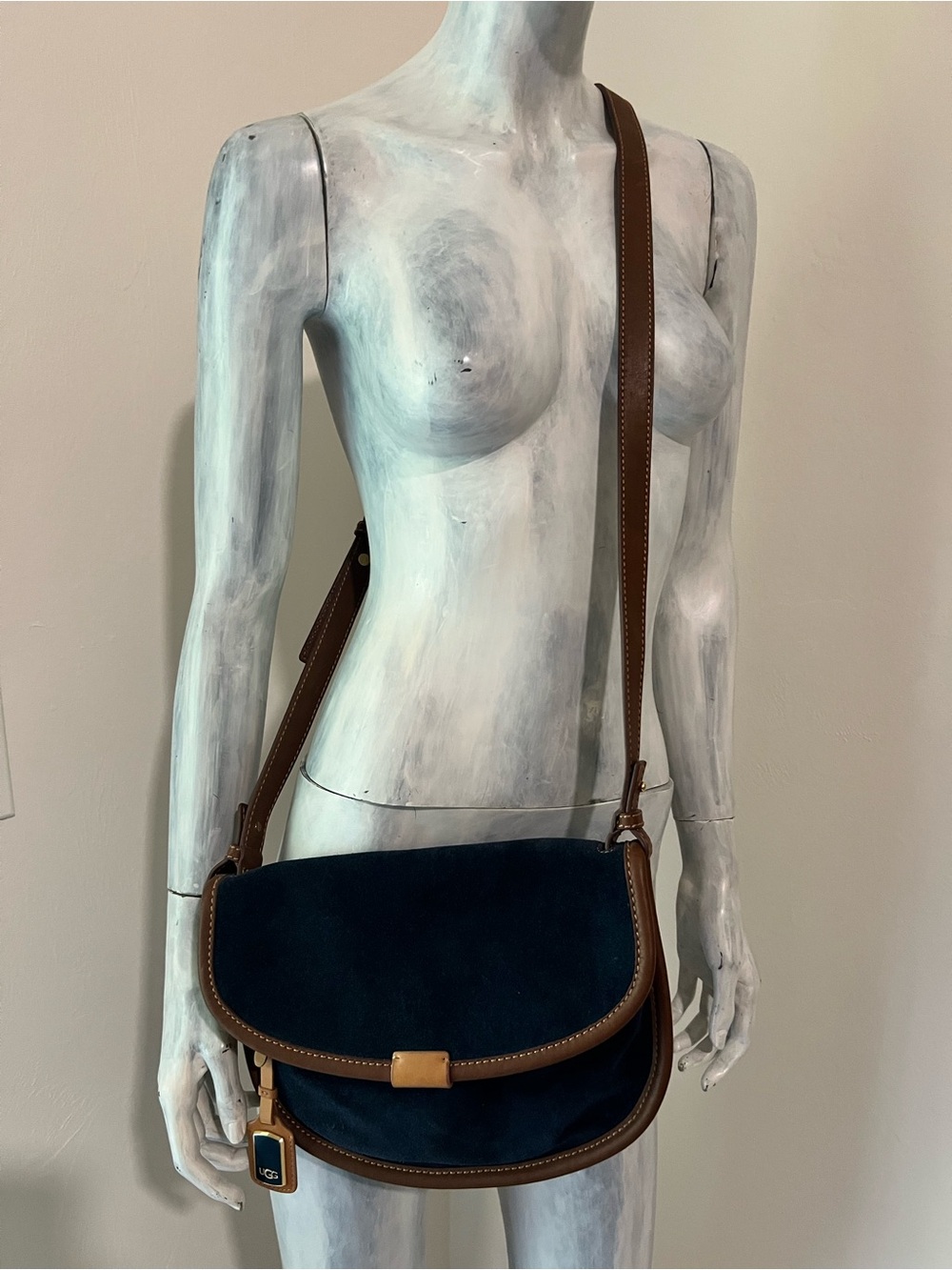 UGG Navy Suede Crossbody with Brown Leather Trim and Gold Accent